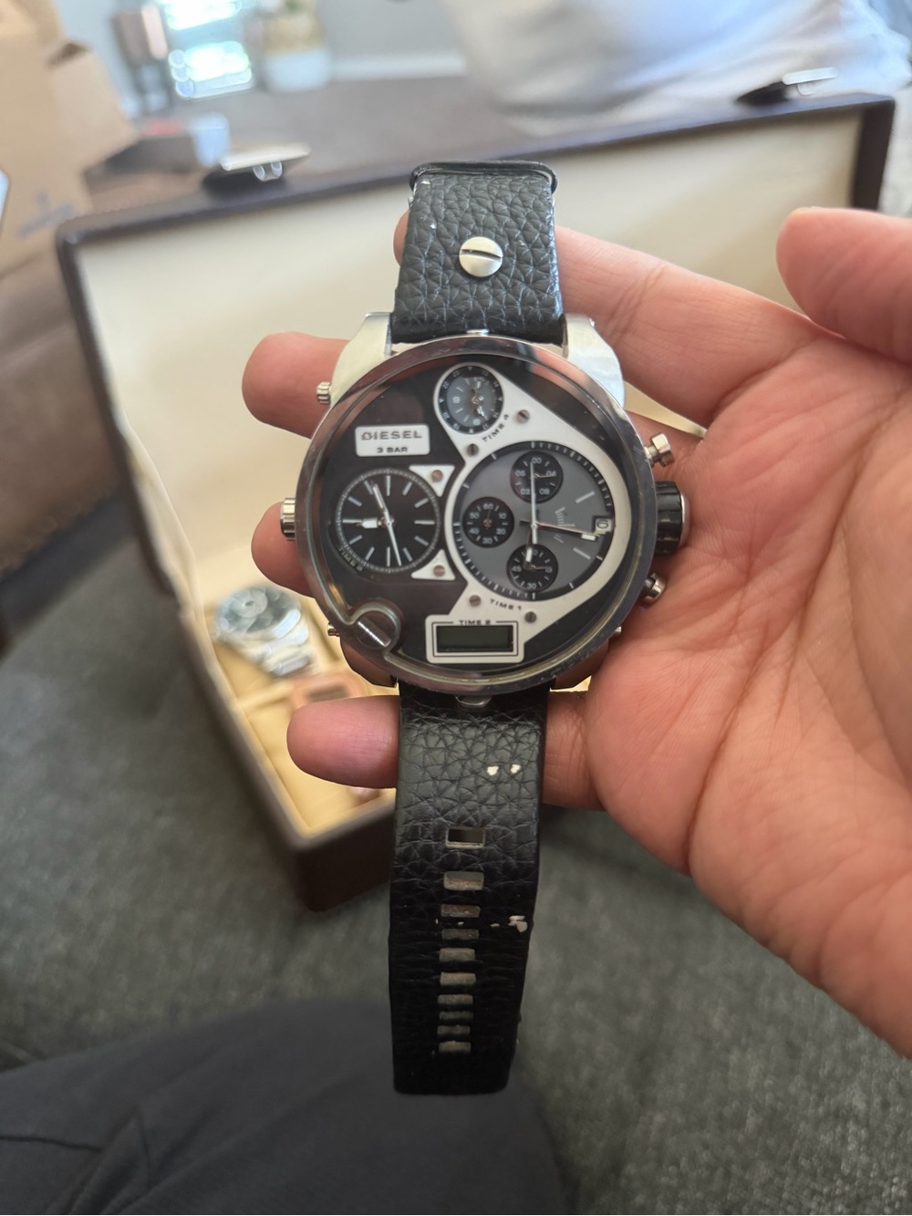 Diesel Black and Silver Multi-Dial Leather Strap Watch